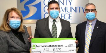 Kyle Hilfiger, center, branch manager of Farmers National Bank of Emlenton’s Bon Aire office, presents a $17,000 check to Butler County Community College’s Ruth Purcell and Dr. Nick Neupauer in December. Purcell retired Dec. 31 as executive director of the BC3 Education Foundation, and Neupauer is BC3’s president. Farmers National Bank of Emlenton’s gift to the BC3 Education Foundation through Pennsylvania’s Educational Improvement Tax Credit program will support BC3 programs that educate fourth-graders through seniors in western Pennsylvania schools.