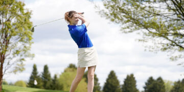 Sarah Fischer, a member of Butler County Community College’s golf team, won the women’s division of the spring season-ending Community College of Allegheny County Invitational on May 18. She joined her older sister, Julia, as  the  only  females  to  win  a  post-season tournament for BC3 in Bill Miller’s 18 years as Pioneers coach. Sarah Fischer is shown on Monday, May 10, 2021, during a competition at Lake Arthur Golf Club.
