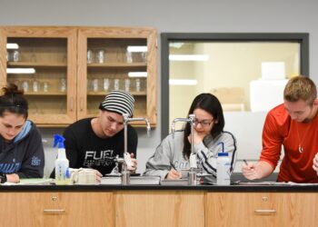 Students studying in a science lab.