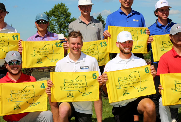Butler County Community College freshman golfer Troy Loughry, front row, second from left, is shown Friday, June 10, 2022, holding the flag of Hole No. 5 at Chautauqua Golf Club in Chautauqua, N.Y. Loughry finished in fifth place in the National Junior College Athletic Association Division III national championship tournament and became BC3’s first first-team All-American in golf. Also shown in the front row are Austin Quillian, who finished fourth, Georgia Military College, Milledgeville, Ga.; and Carson Witherspoon, sixth, Sandhills Community College, Pinehurst, N.C.