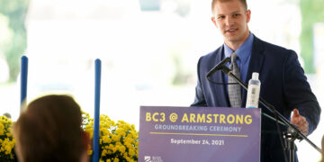 Matthew Reitler, 23, of Ford City and a 2019 graduate of Butler County Community College’s additional location in Manor Township, Armstrong County, has become the youngest director with the BC3 Education Foundation in its 35-year history. Reitler is shown Friday, Sept. 24, 2021, during the ceremonial groundbreaking for BC3 @ Armstrong in Ford City.