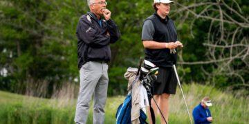 Butler County Community College golf coach Bill Miller and sophomore Pioneers golfer Liam Kosior are shown Thursday, June 8, 2023, during the third round of the National Junior College Athletic Association Division III national championship tournament in Chautauqua, N.Y. Kosior, a Neshannock High School graduate, is tied for 20th place among the 98 golfers competing for All-American status on the par-72 Chautauqua Golf Club Lake Course.