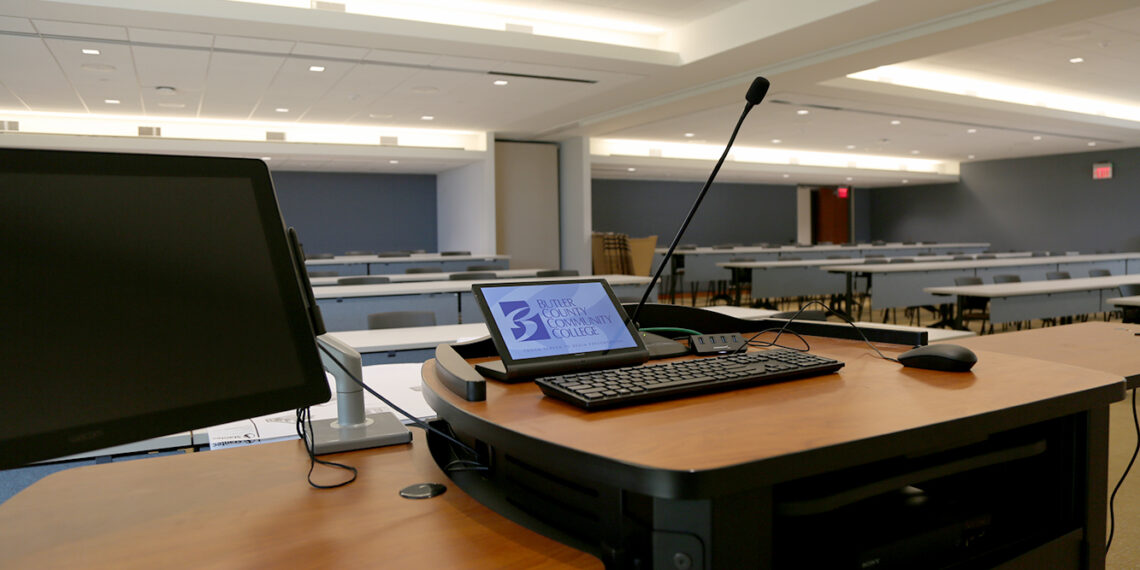 interior of a bc3 classroom and lecture podium