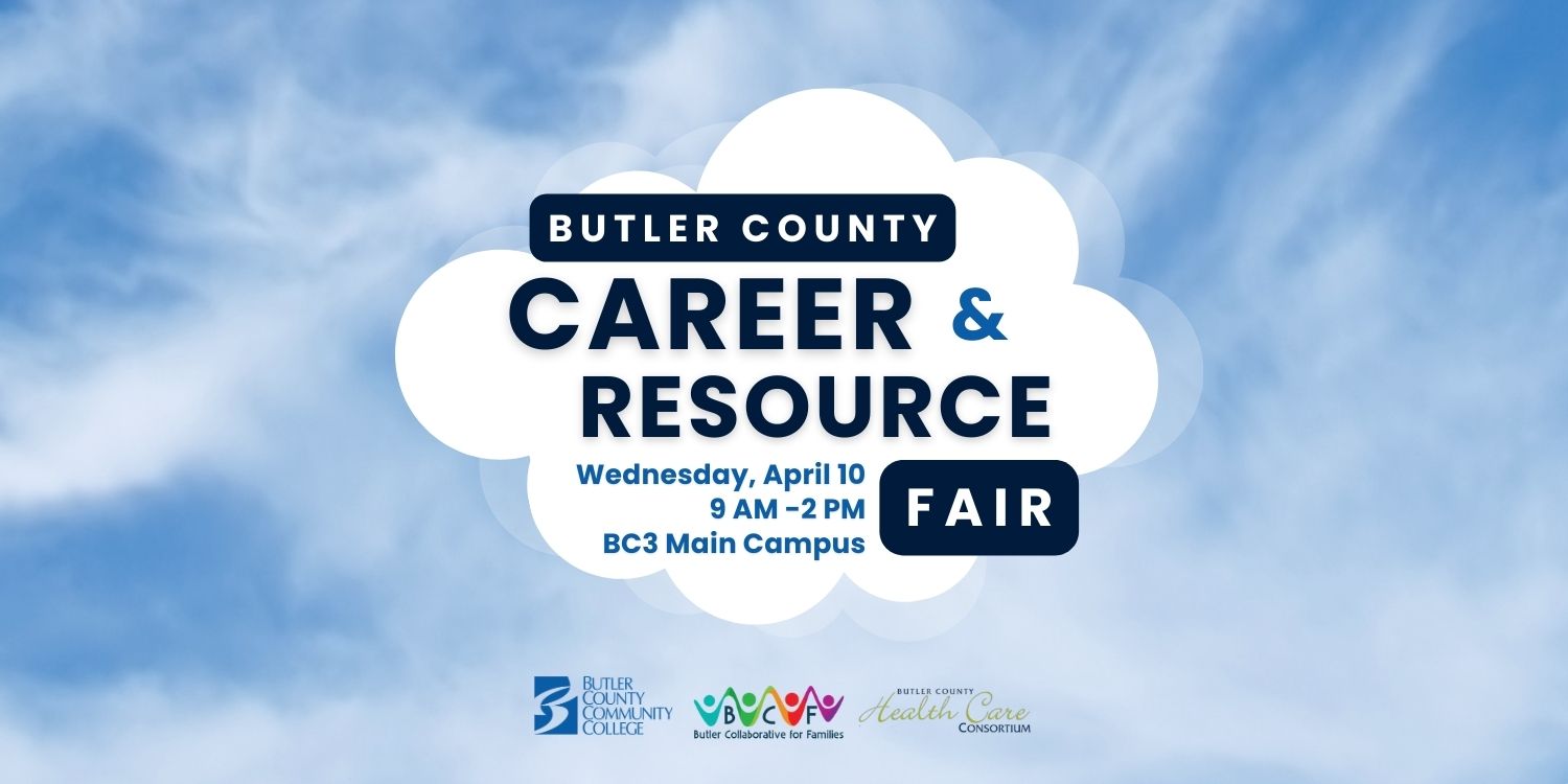 butler county career and resource fair cloud graphic with text "Butler County Career & Resource Fair - Wednesday, April 10, 9 AM -2 PM, BC3 Main Campus